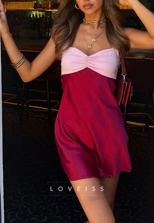 Two Tone Ruched Satin Mini Dress with Sweetheart Neck