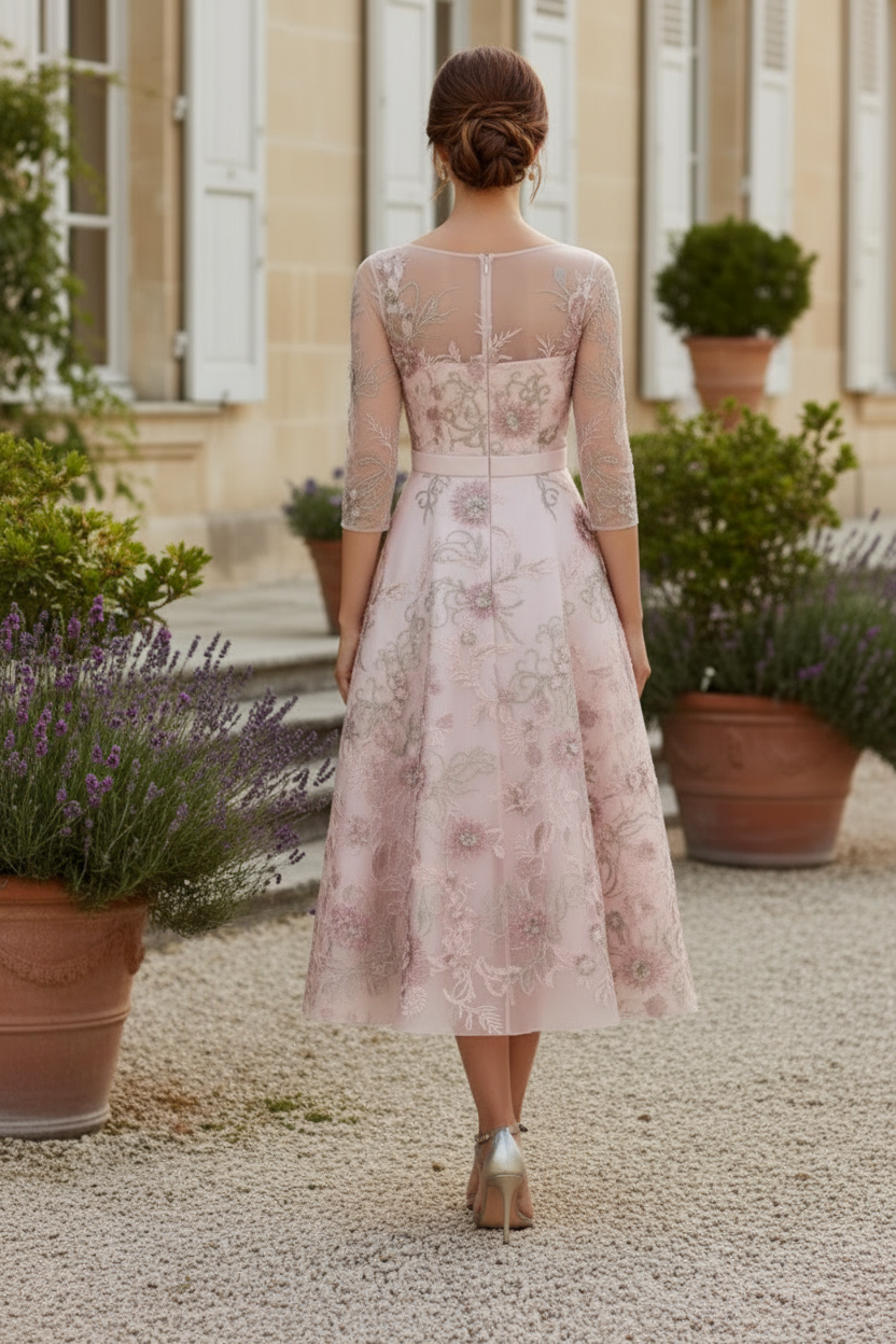 Floral Embroidered Illusion Midi Dress
