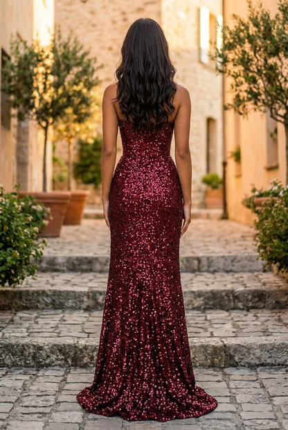 Strapless Sequin Gown with High Slit