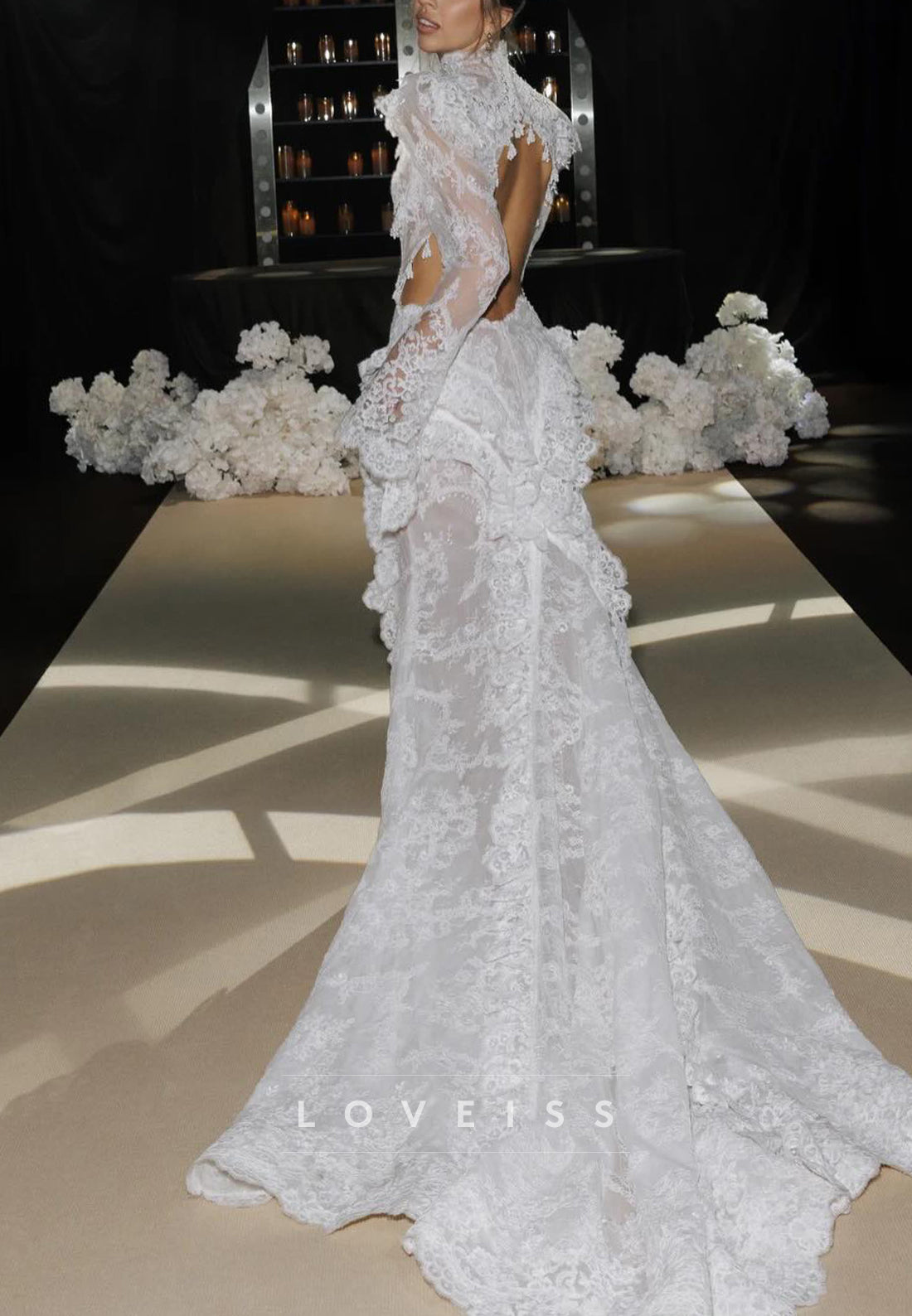 High Neck Lace Mermaid Wedding Dress with Bell Sleeves