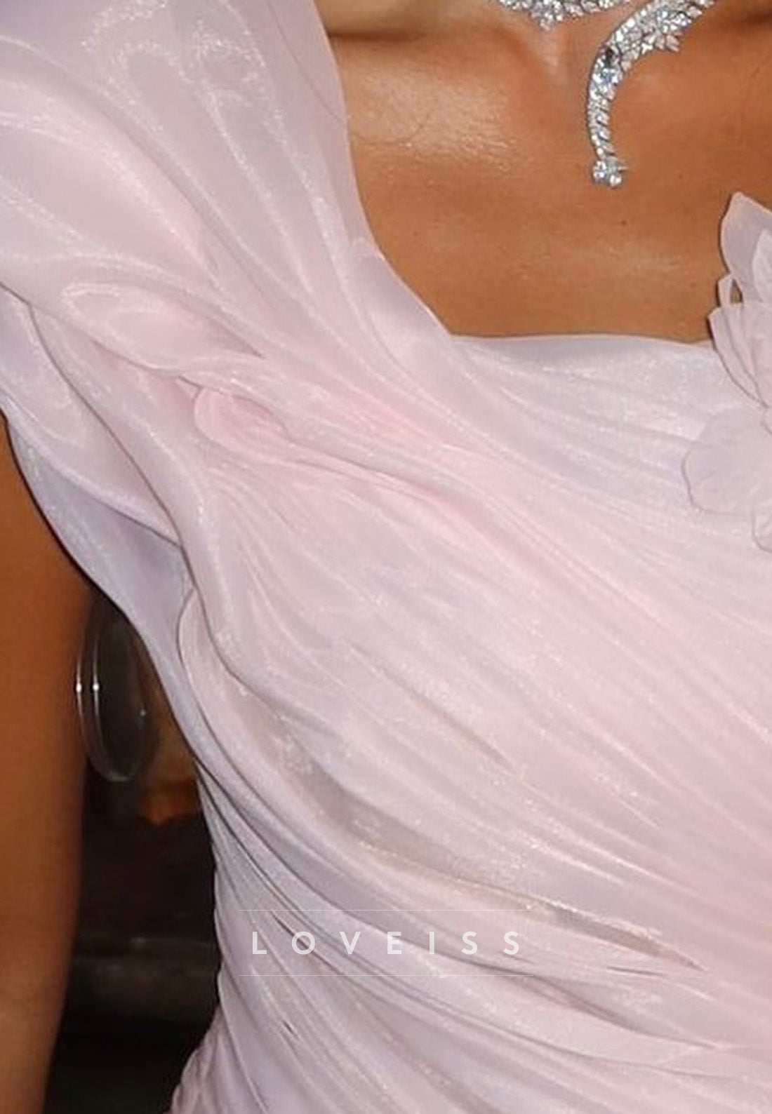 Ruched Asymmetrical Gown with Floral Appliques