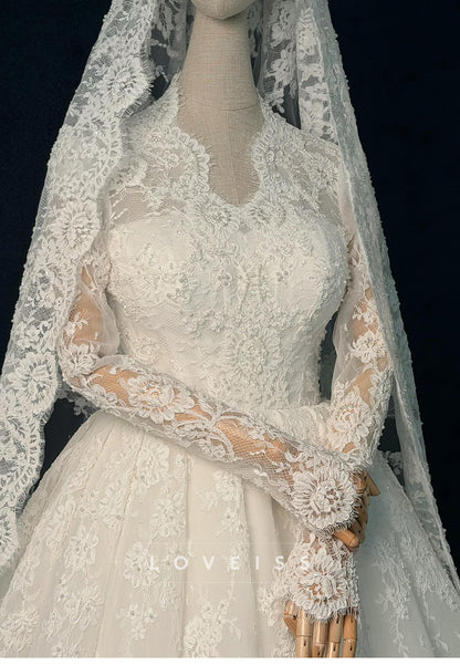 Long Sleeve Lace Ball Gown Wedding Dress with Veil