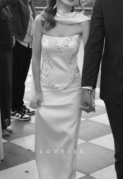 Embellished Satin Column Wedding Dress with Scarf