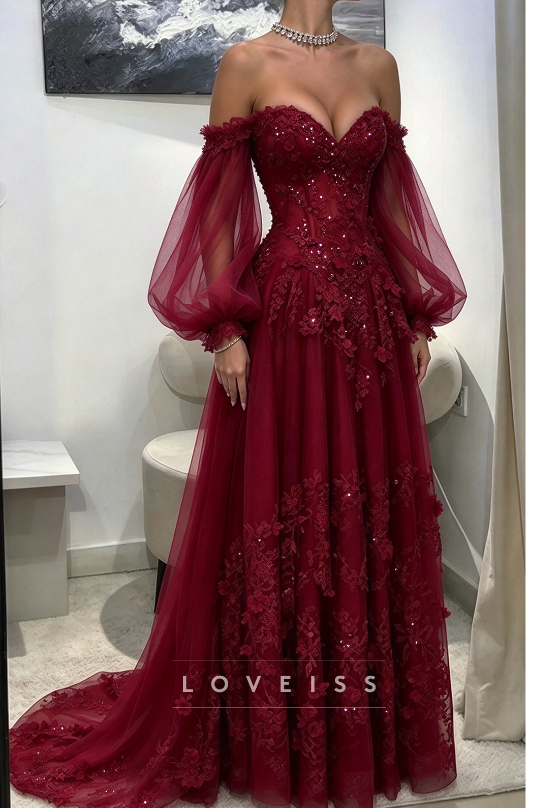 Off-the-Shoulder Lace & Tulle Gown with Bishop Sleeves