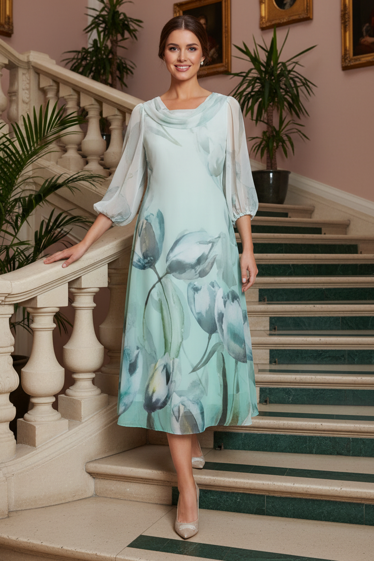 Floral Print Cowl Neck Midi Dress with Sheer Sleeves