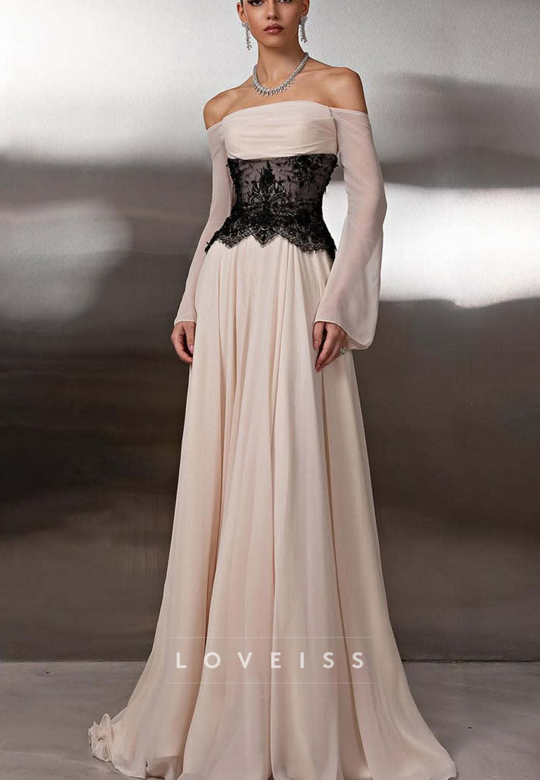 Off-the-Shoulder Lace Corset Long Sleeve Gown