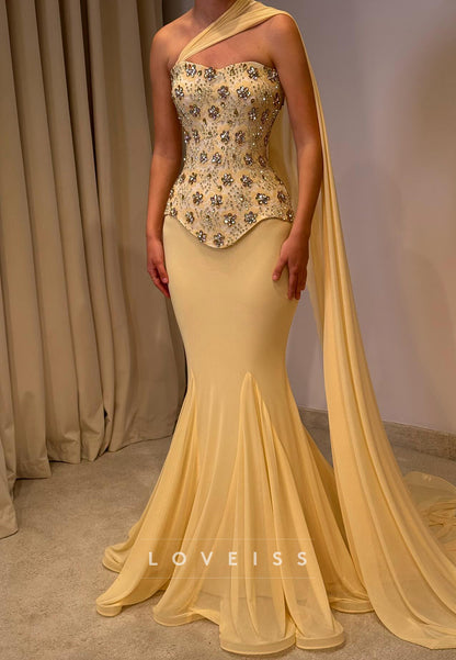 One-Shoulder Beaded Mermaid Evening Gown