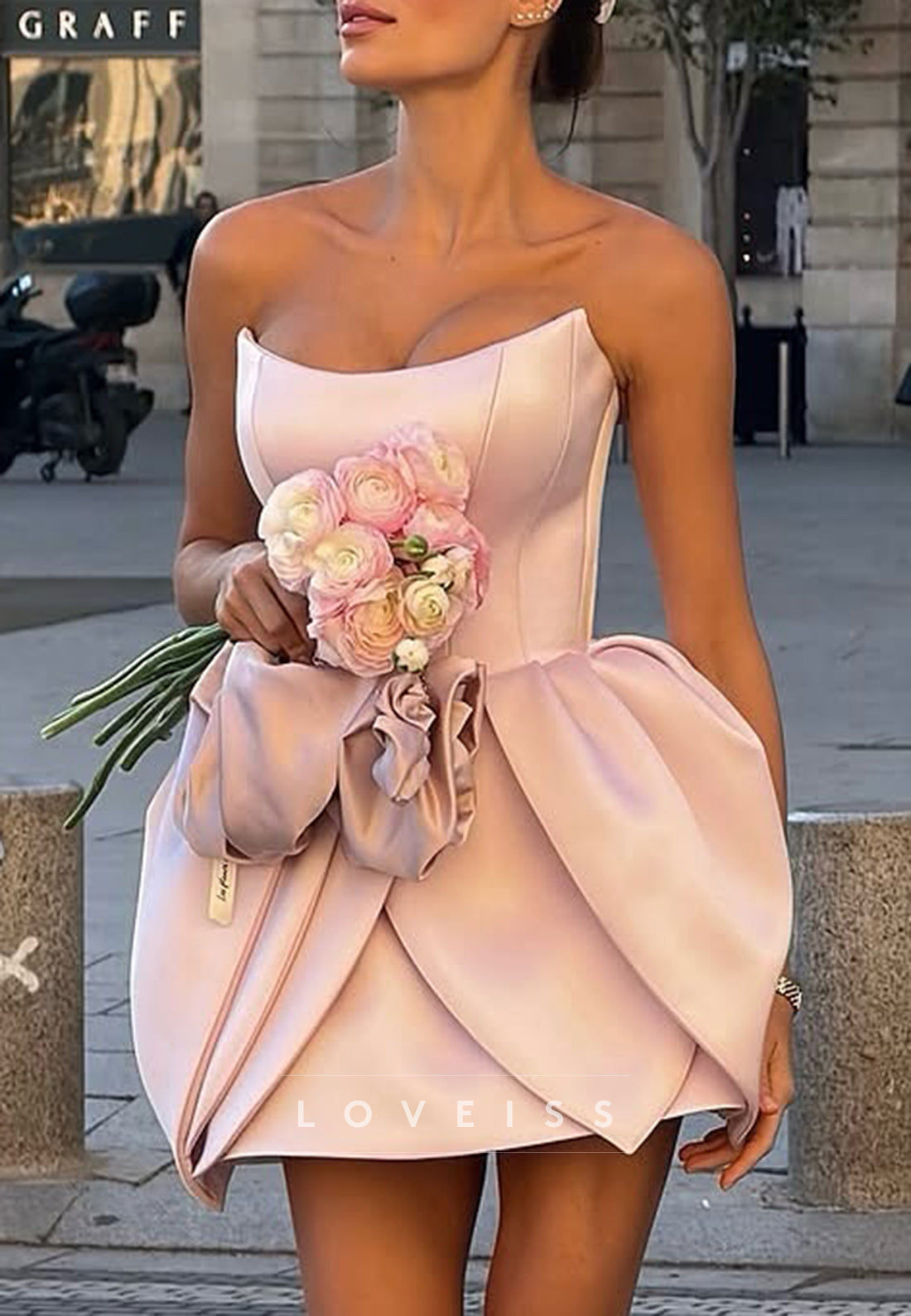 Strapless Satin Corset Mini Dress with Sculptural Skirt