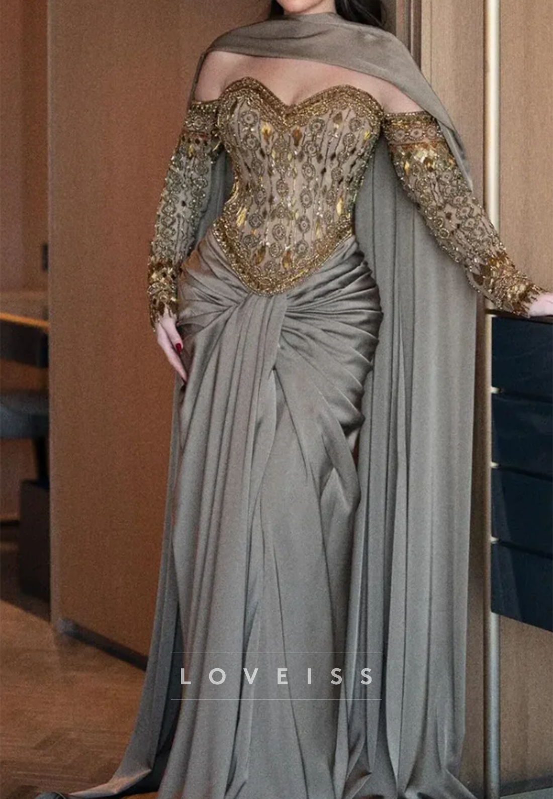 Elegant Corset Evening Gown with Draped Cape