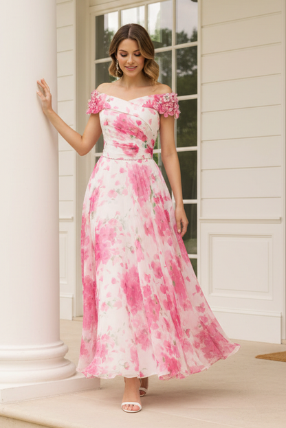 Off-the-Shoulder Floral A-Line Dress with 3D Florals