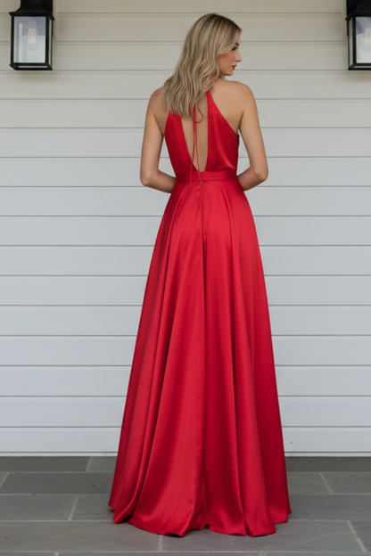 Satin A-Line V-Neck Evening Gown with Belt