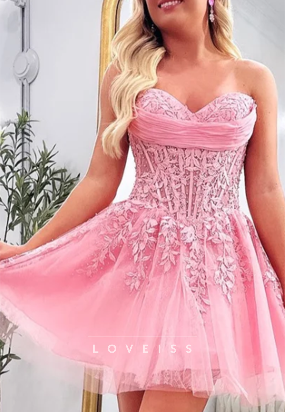 Strapless Corset Mini Dress with Floral Lace Appliques