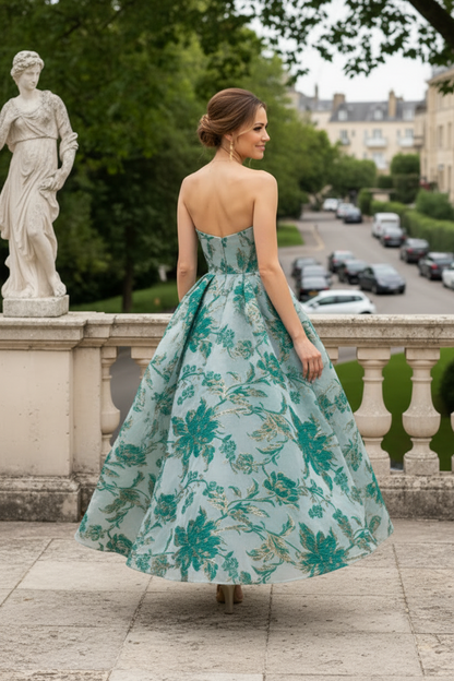 Strapless Metallic Floral Jacquard A-Line Dress