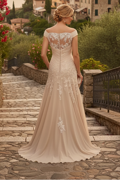 Off-Shoulder Ruched Floral Lace Chiffon Evening Gown