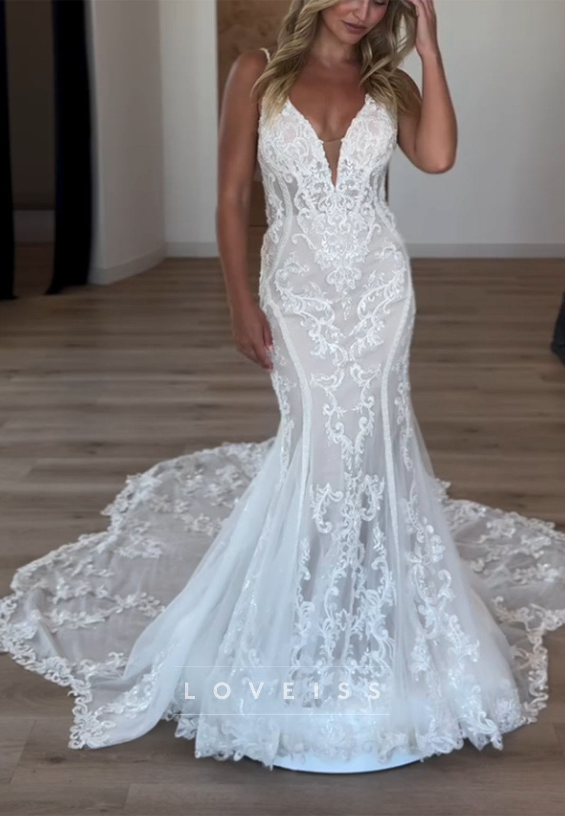 Lace Deep V-Neck Mermaid Wedding Dress with Train