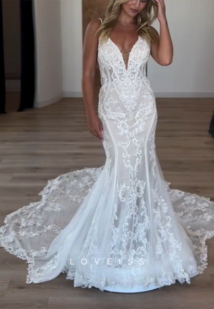 Lace Deep V-Neck Mermaid Wedding Dress with Train