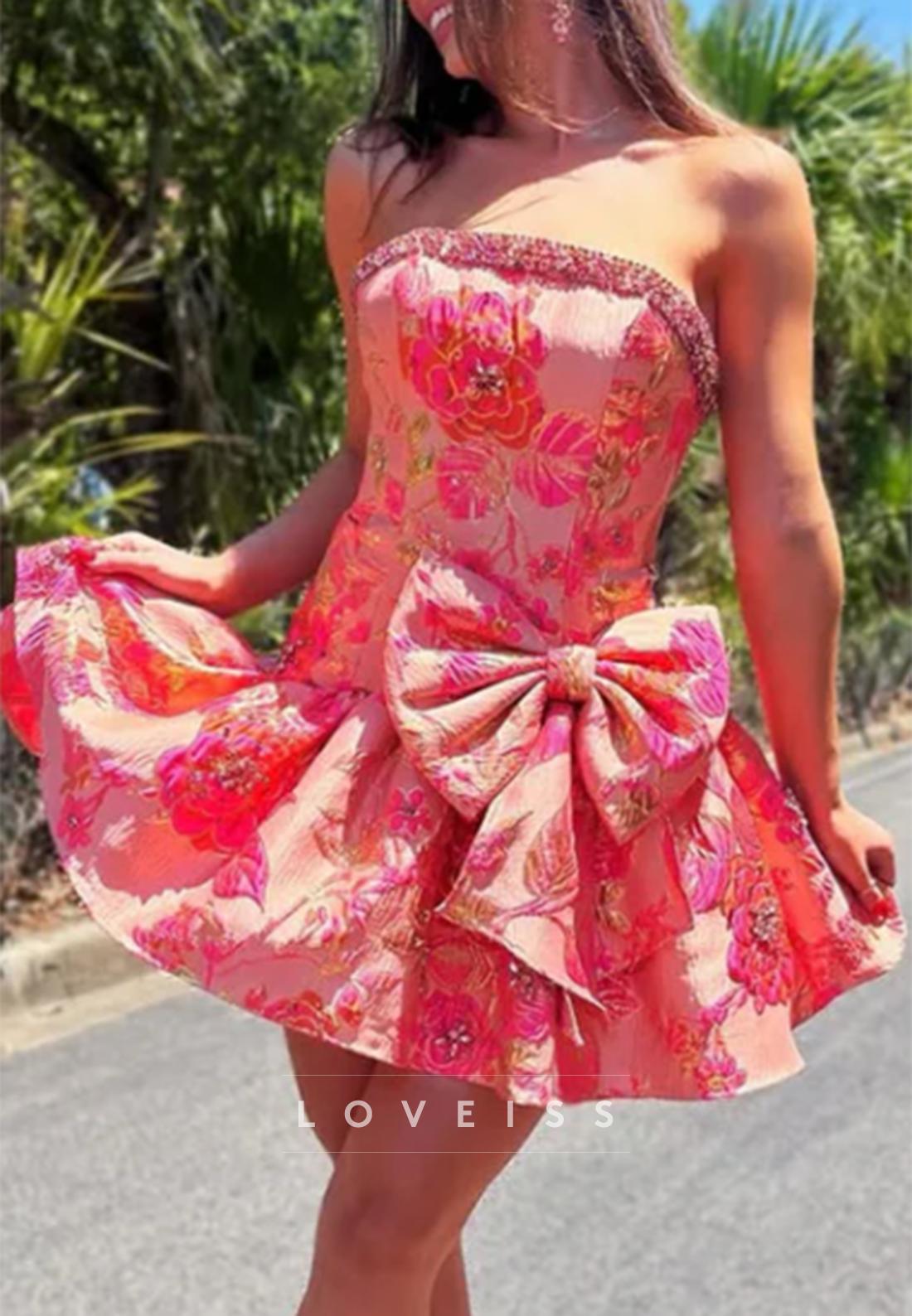 Strapless Jacquard Mini Dress with Statement Bow