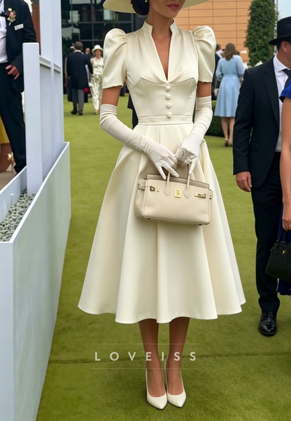 Puff Sleeve V-Neck Midi Dress with Covered Buttons