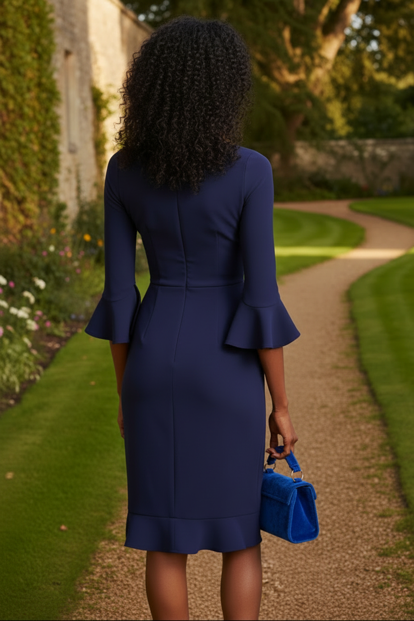 V-Neck Sheath Dress with Flared Cuffs