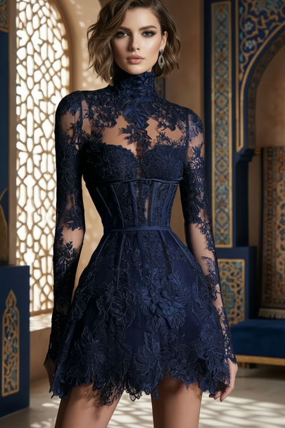 Illusion Lace Long Sleeve Corset Mini Dress
