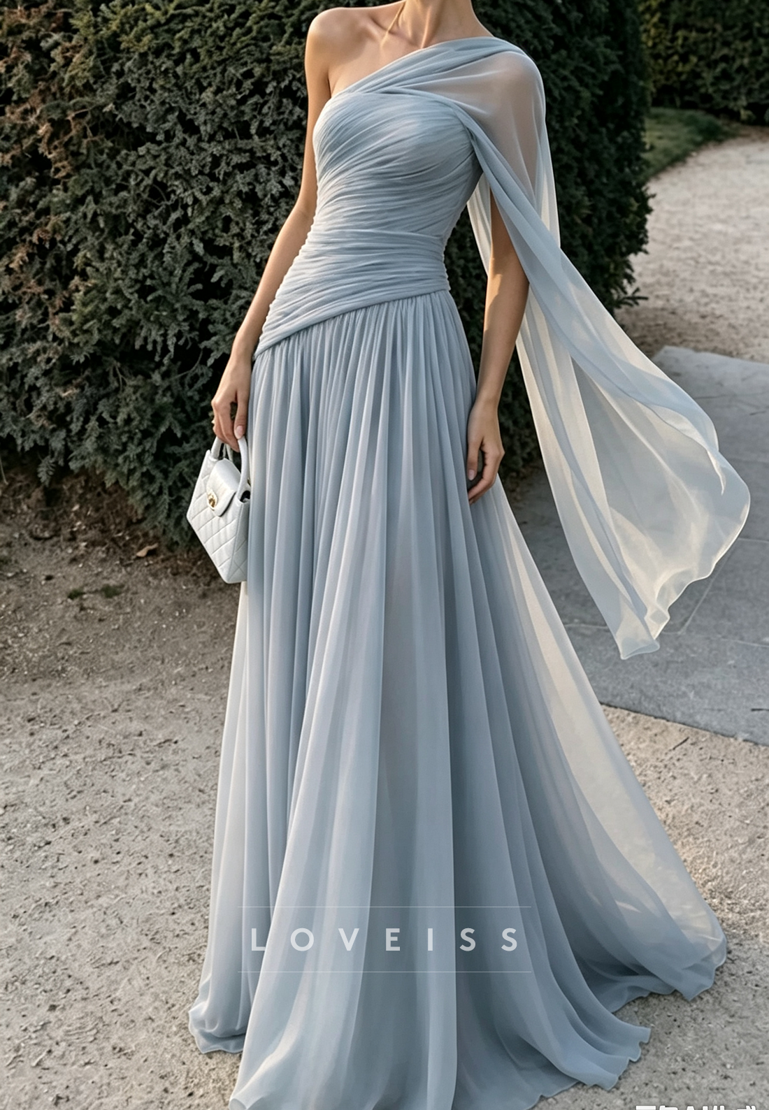 One Shoulder Chiffon A-Line Evening Gown with Cape Sleeve