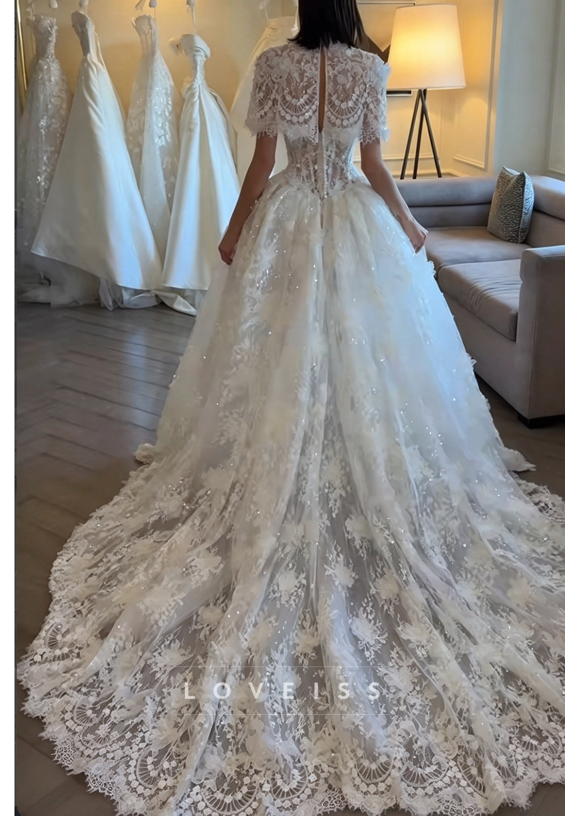 High Neck Lace Ball Gown Wedding Dress with Capelet