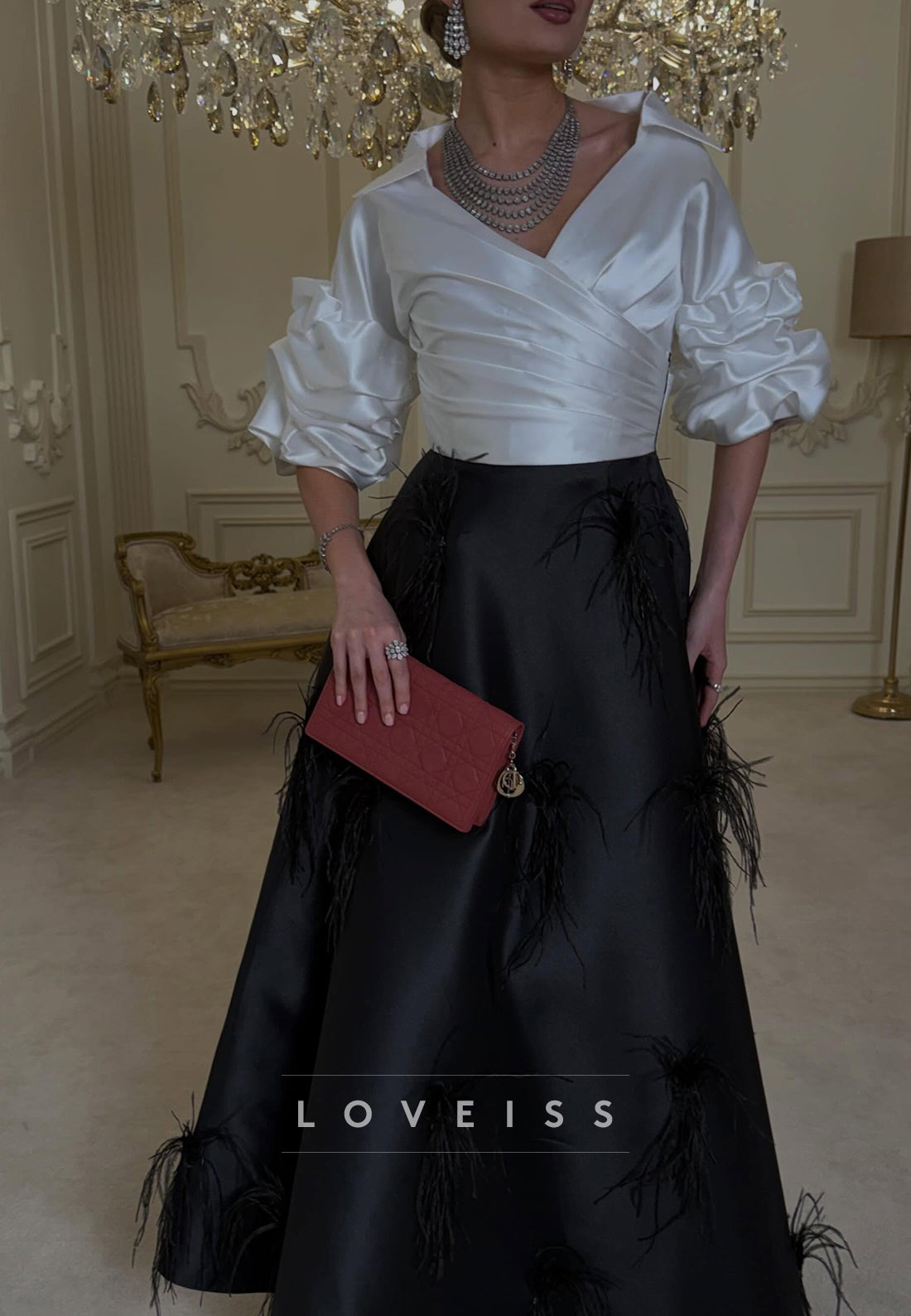 Satin Wrap Bodice Gown with Feather Skirt