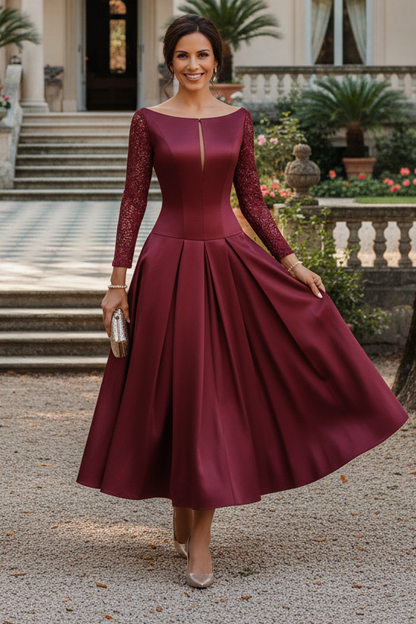 Elegant Pleated A-Line Midi Dress with Lace Sleeves