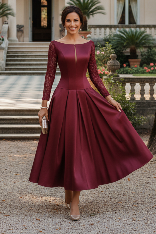 Elegant Pleated A-Line Midi Dress with Lace Sleeves