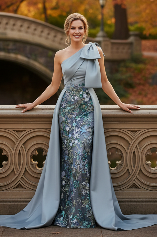 One-Shoulder Floral Sequin Gown with Overskirt