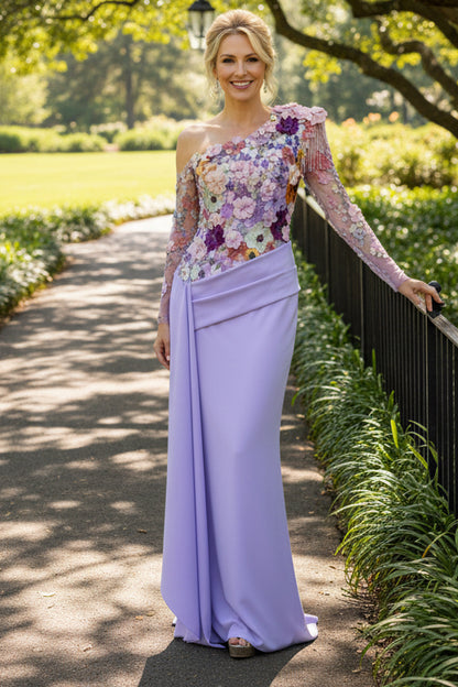 3D Floral One-Shoulder Draped Evening Gown