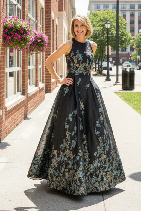 Floral Jacquard Sleeveless A-Line Gown with Pockets