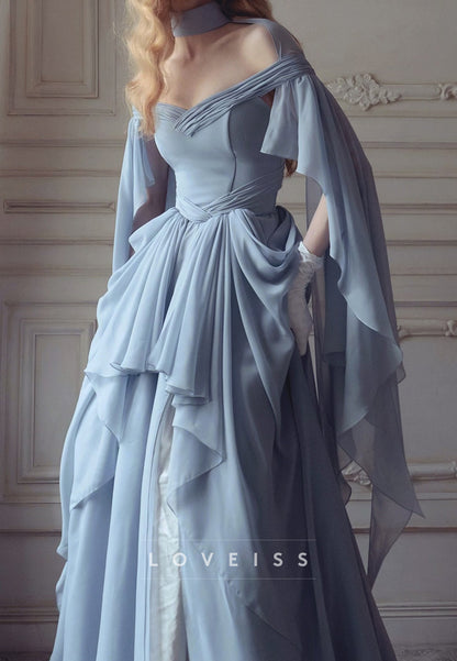 Off Shoulder Chiffon Gown with Bell Sleeves & Ruffle