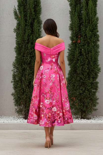 Off-Shoulder Floral Embroidered A-Line Midi Dress