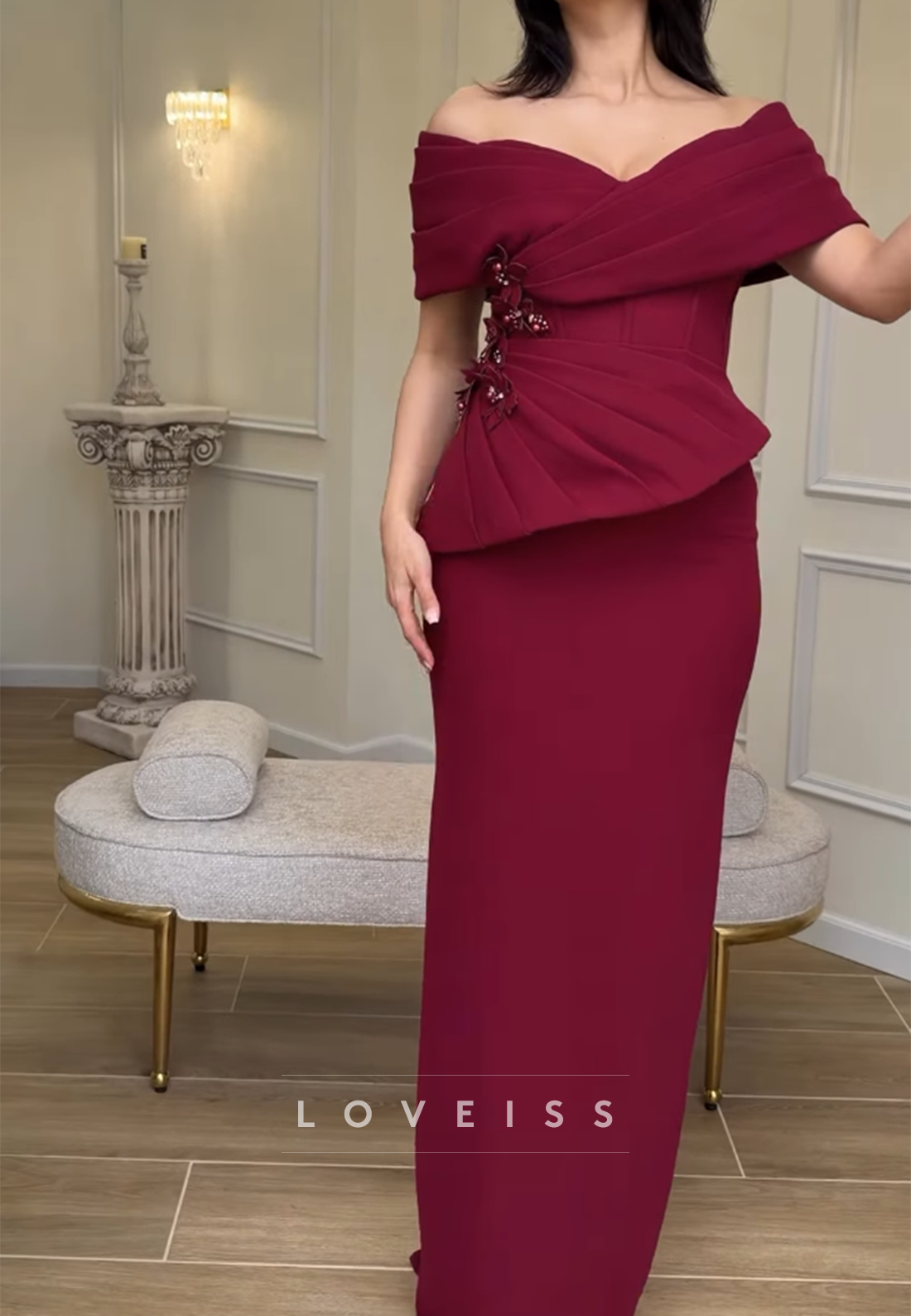Off-Shoulder Floral Applique Peplum Gown