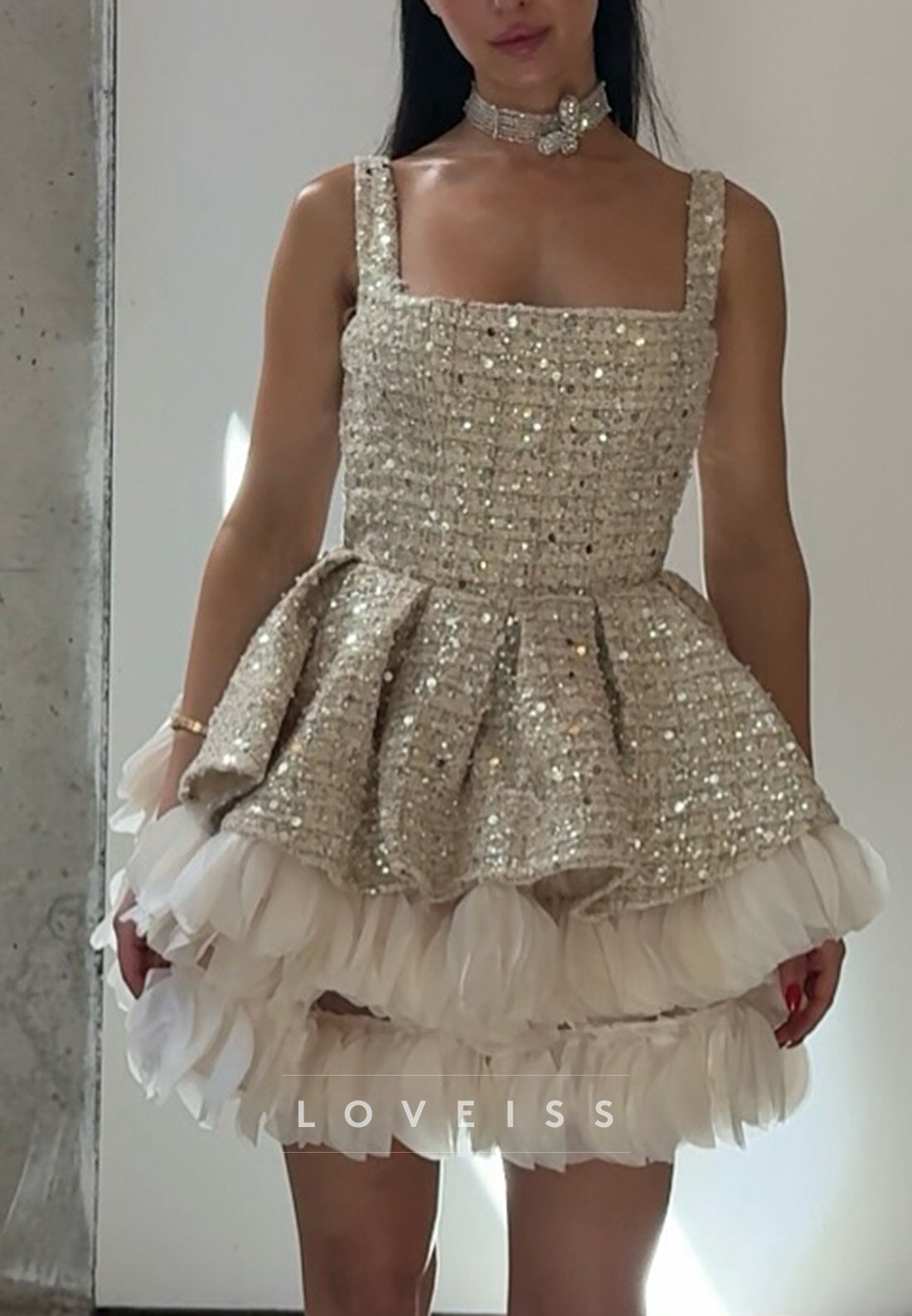 Sequin Bodice Mini Dress with Tiered Tulle Ruffle Hem
