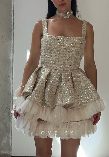 Sequin Bodice Mini Dress with Tiered Tulle Ruffle Hem