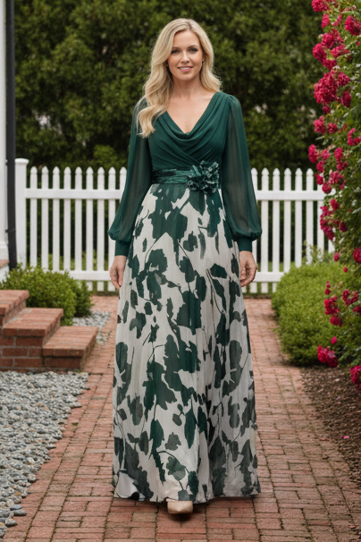 Floral Chiffon A-Line Maxi Dress with Long Sleeves