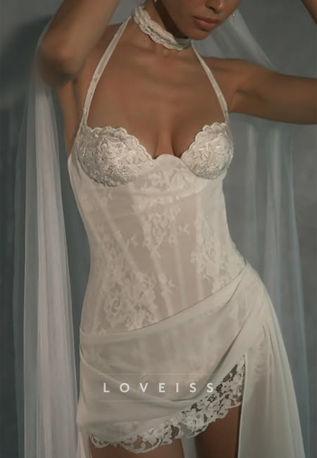 Halter Lace Corset Mini Dress with Draped Train