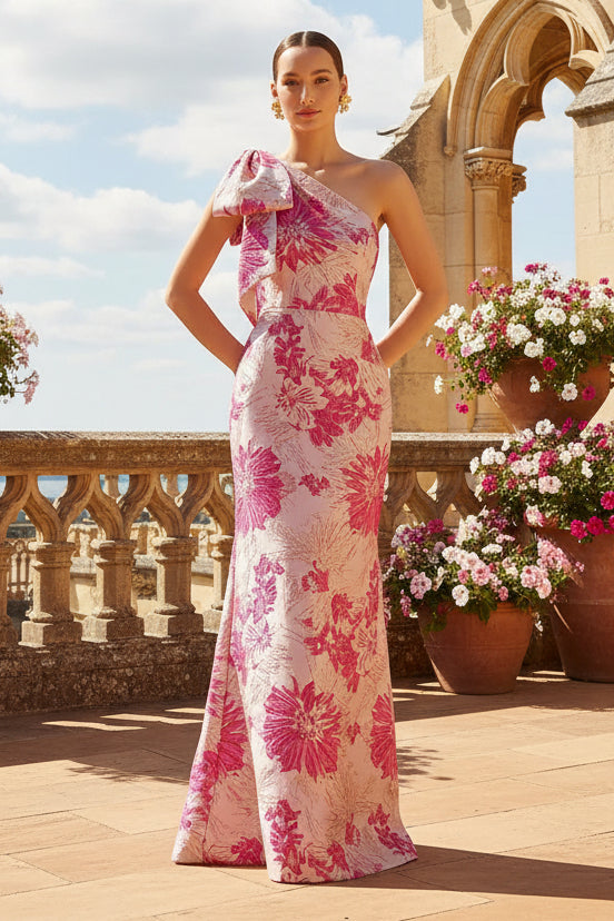 One-Shoulder Floral Jacquard Trumpet Gown