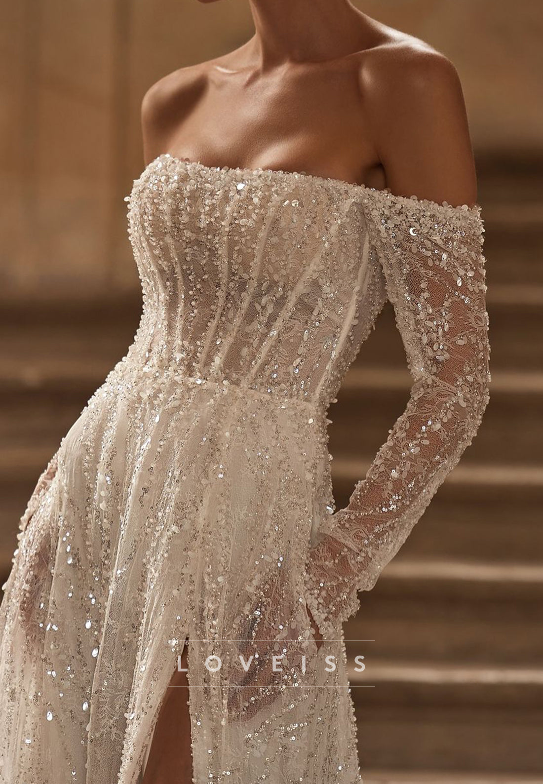 Beaded Off-the-Shoulder Corset Wedding Dress with Slit