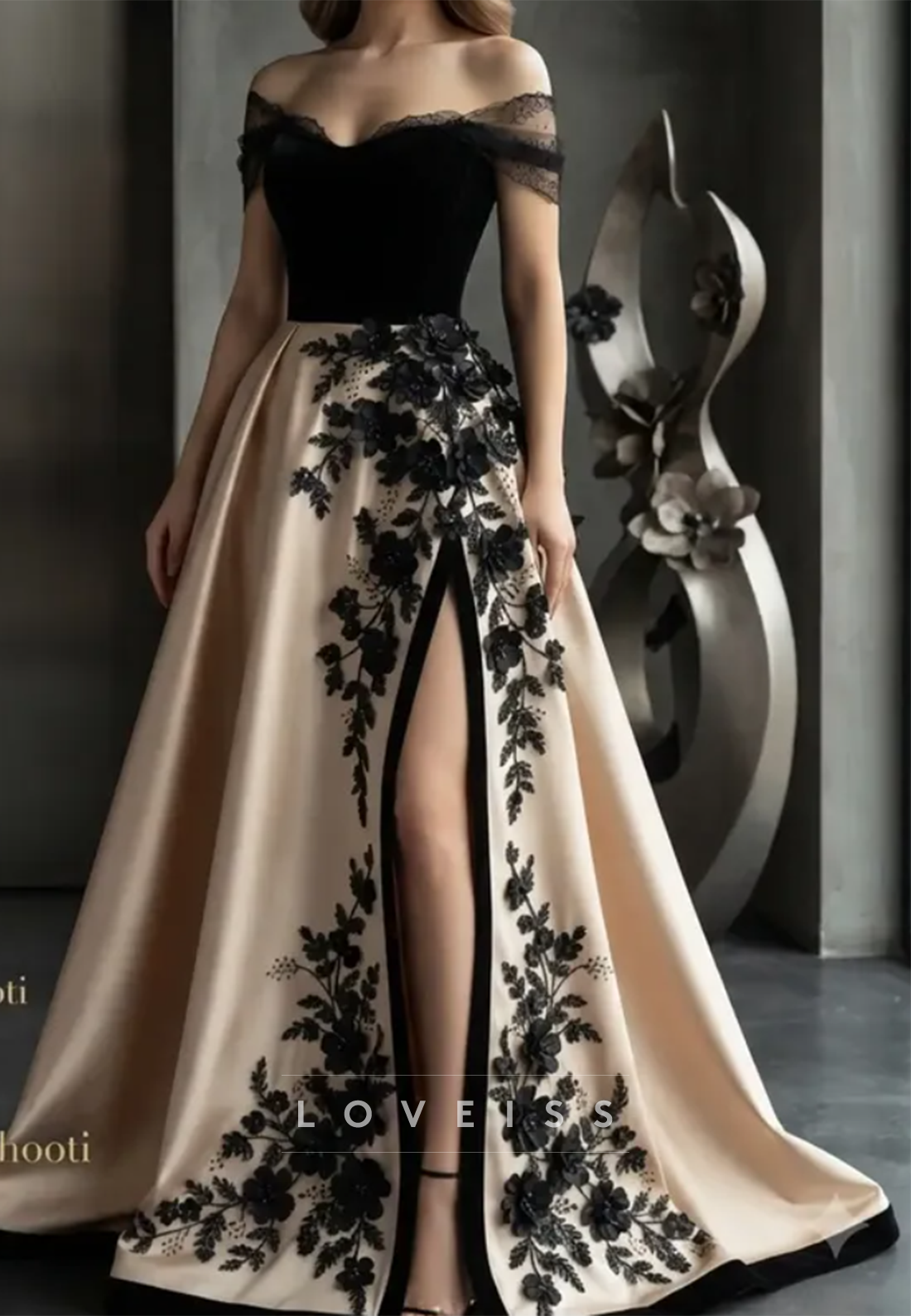Off-Shoulder Floral Applique Gown with High Slit