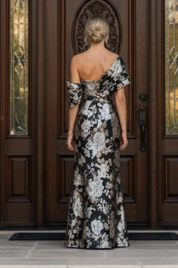 One-Shoulder Metallic Jacquard Floral Evening Gown