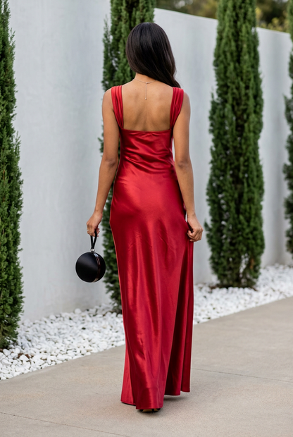 Lace-Trim Bustier Satin Maxi Dress