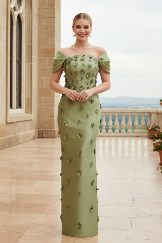 3D Floral Applique Off-the-Shoulder Column Gown