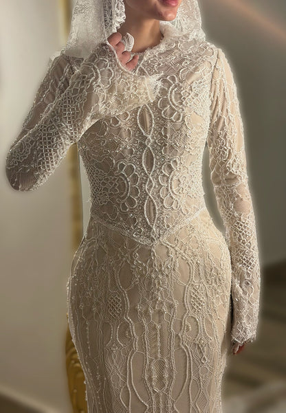 Beaded Lace Long Sleeve Mermaid Wedding Gown