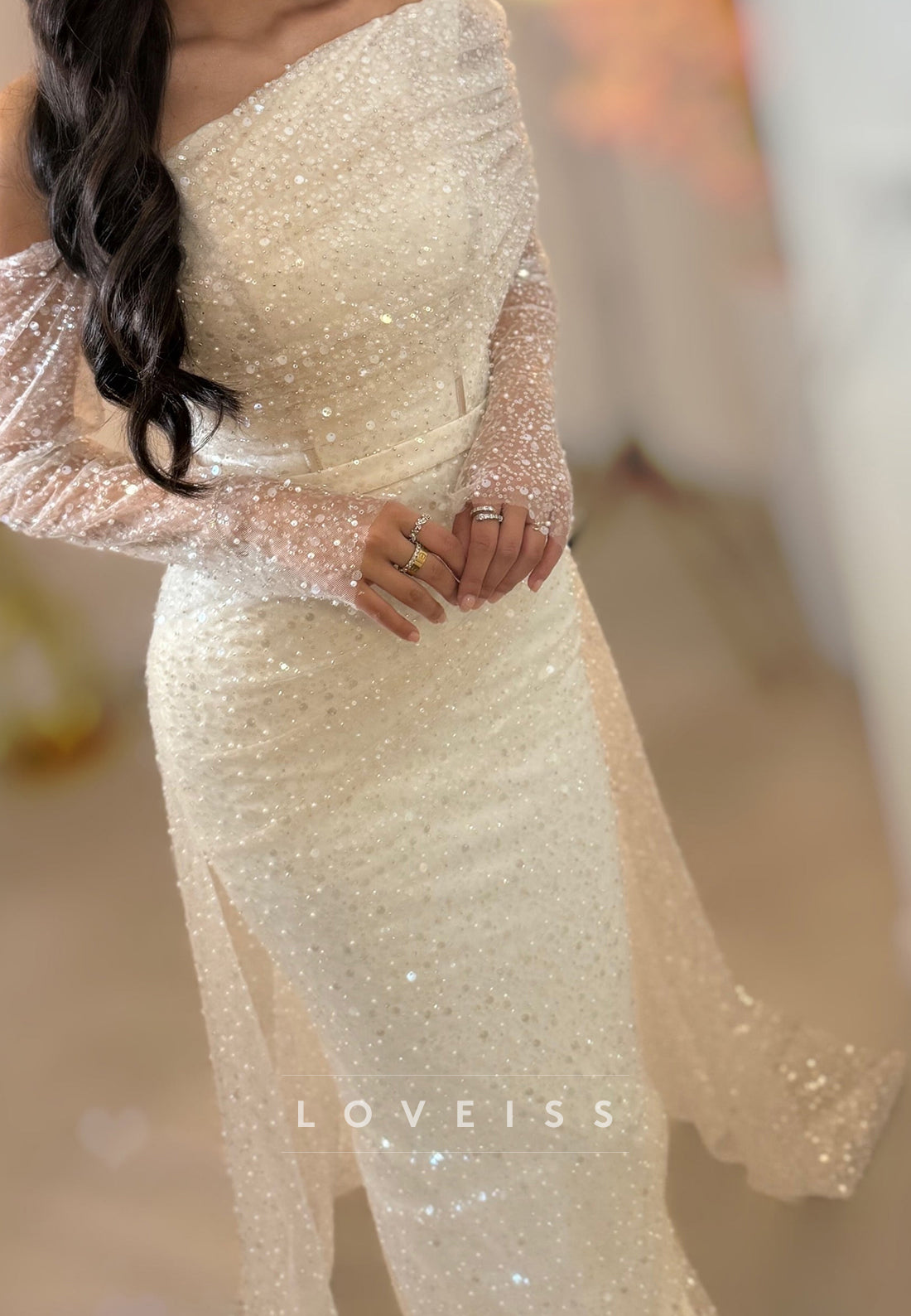 Pearl Beaded Off Shoulder Mermaid Gown with Cape
