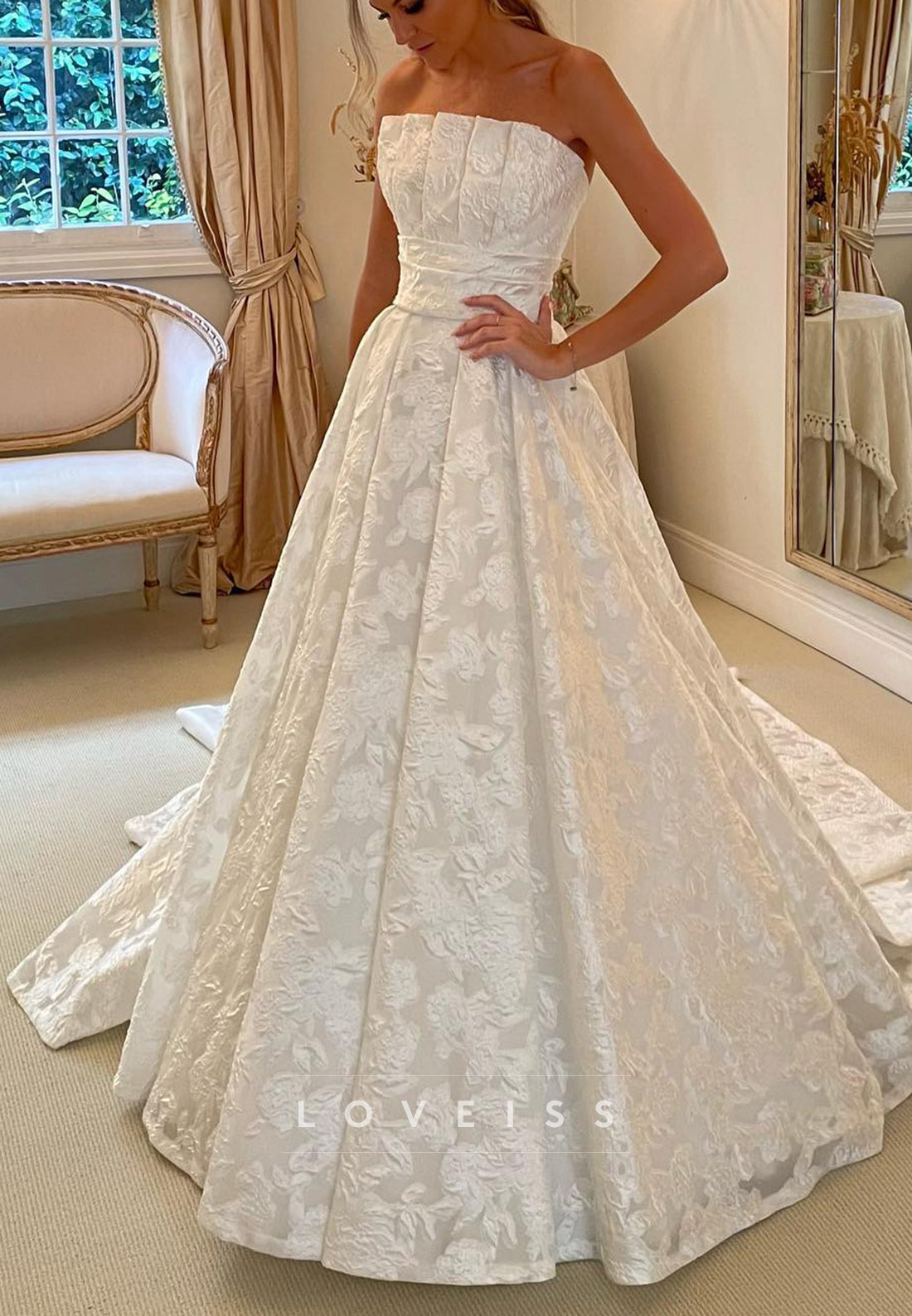 Strapless Floral Jacquard Wedding Gown with Pleated Bodice