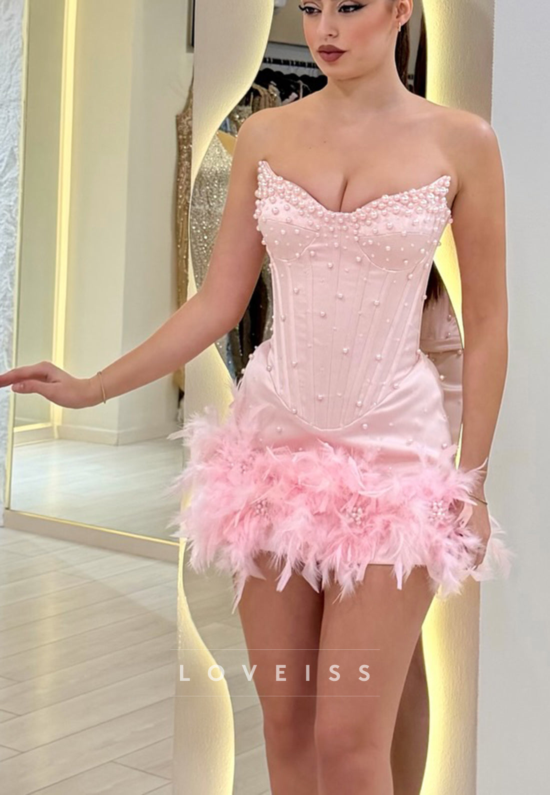 Strapless Corset Mini Dress with Pearls and Feathers