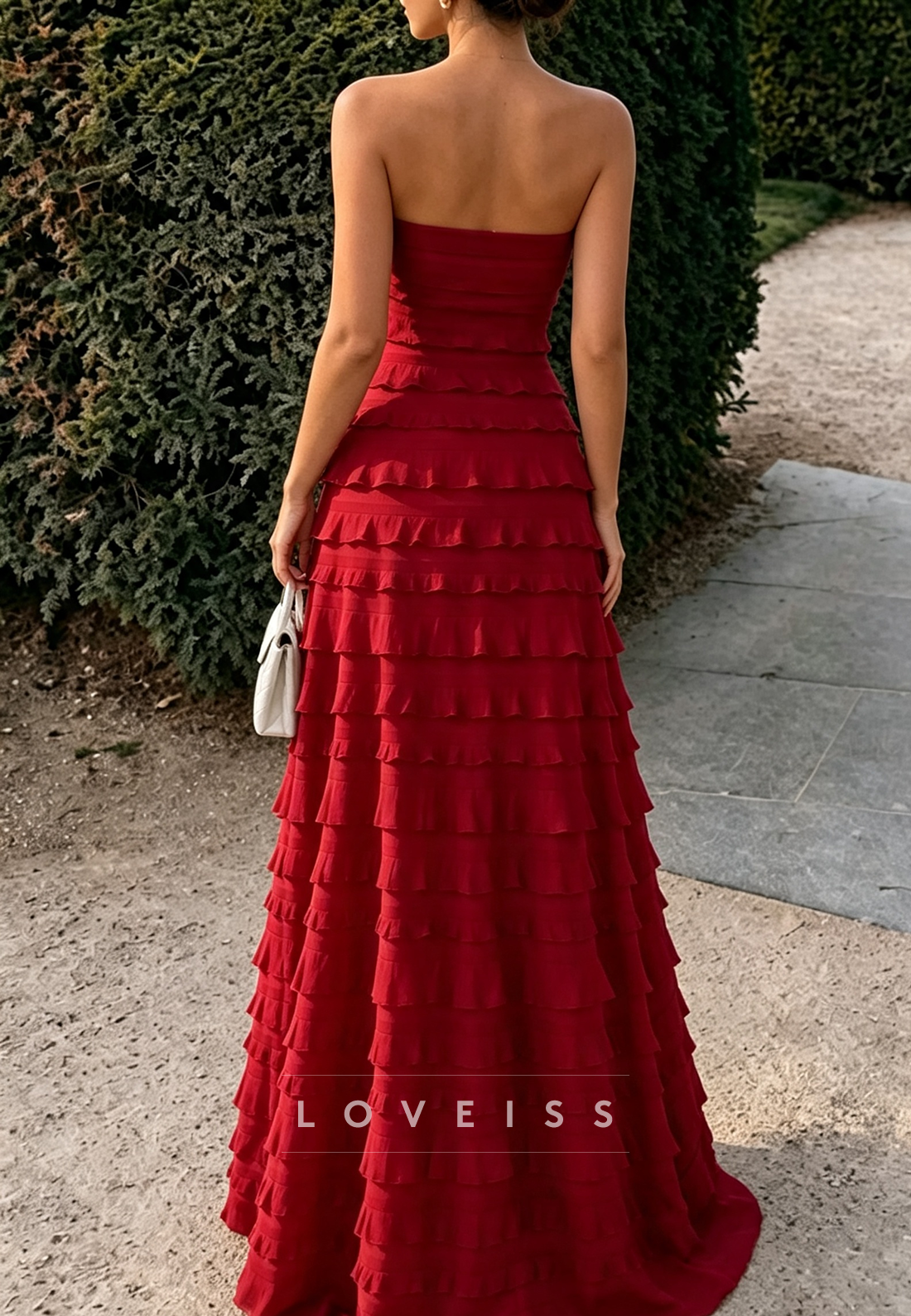 Strapless Tiered Ruffled Maxi Evening Gown